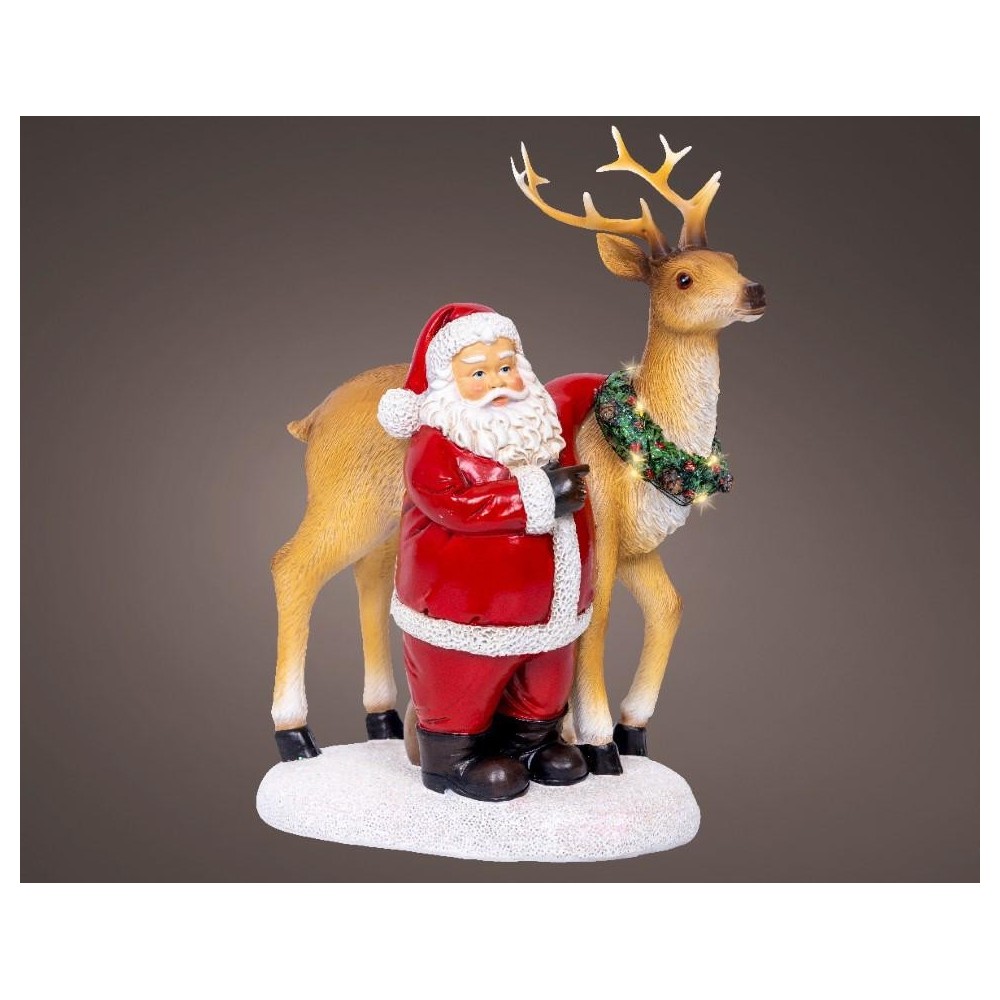 BABBO NATALE RENNA RESINA LUCI H.26CM. A BATTERIA